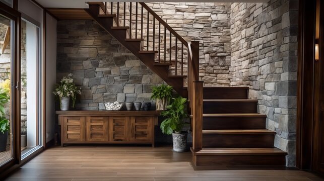 Rustic and cozy hallway with wooden staircase and stone wall. Modern home interior design with entrance door. - Powered by Adobe