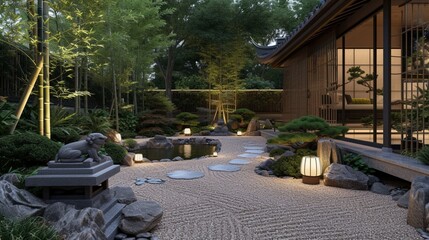 A Zen-inspired Japanese garden with carefully raked gravel paths and tranquil koi ponds, bonsai trees and bamboo groves providing shade and shelter