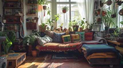 An eclectic interior design with mismatched vintage furniture and colorful accents, an overstuffed...