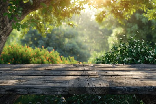 Empty wooden table with garden background. photo for advertising. Generative AI