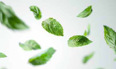 mint leaves float in the air in white background. - Powered by Adobe
