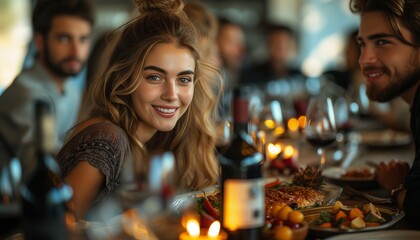 Feast Gathering: Close-Up of Group Enjoying Meal Together at Dining Table