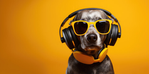 Cute beautiful dog wearing headphones and modern sunglasses listens to music while lying on the sofa at home. Banner. funny meme