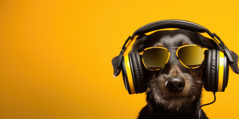Cute beautiful dog wearing headphones and modern sunglasses listens to music while lying on the sofa at home. Banner. funny meme - obrazy, fototapety, plakaty