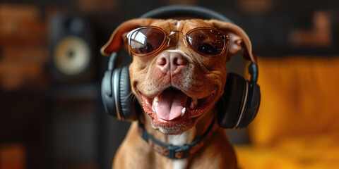 Happy dog wearing headphones and modern sunglasses listens to music on a yellow background. Banner. funny meme - obrazy, fototapety, plakaty