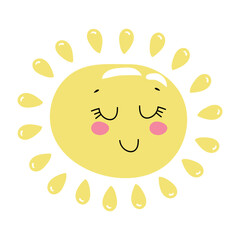 Hand drawn sun illustration in kawaii style. Cute element