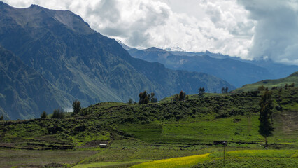 Spectacular and amazing colorful panorama of the Andes Mountains. Farmland near the Colca Canyon,...