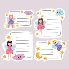 Set Labels for schoolchildren with fairies and place for text. Hand drawn vector illustration.