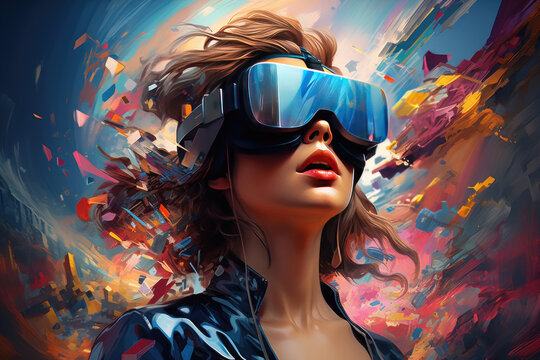 New generation woman using VR headsets to immerse inton ew VR gaming worlds.Smart Glasses. Surreal world and virtual reality, colorful flowers fields.