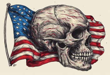 Skull and Crossbones - A patriotic tattoo design featuring a skull and crossbones on a flag background. Generative AI