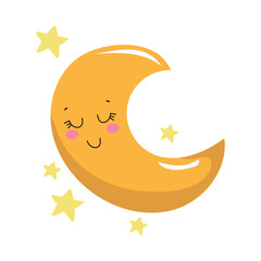 Hand drawn illustration of a moon in kawaii style. Cute element.