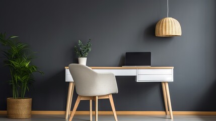 Modern Scandinavian home office with white chair, wooden desk, and window view