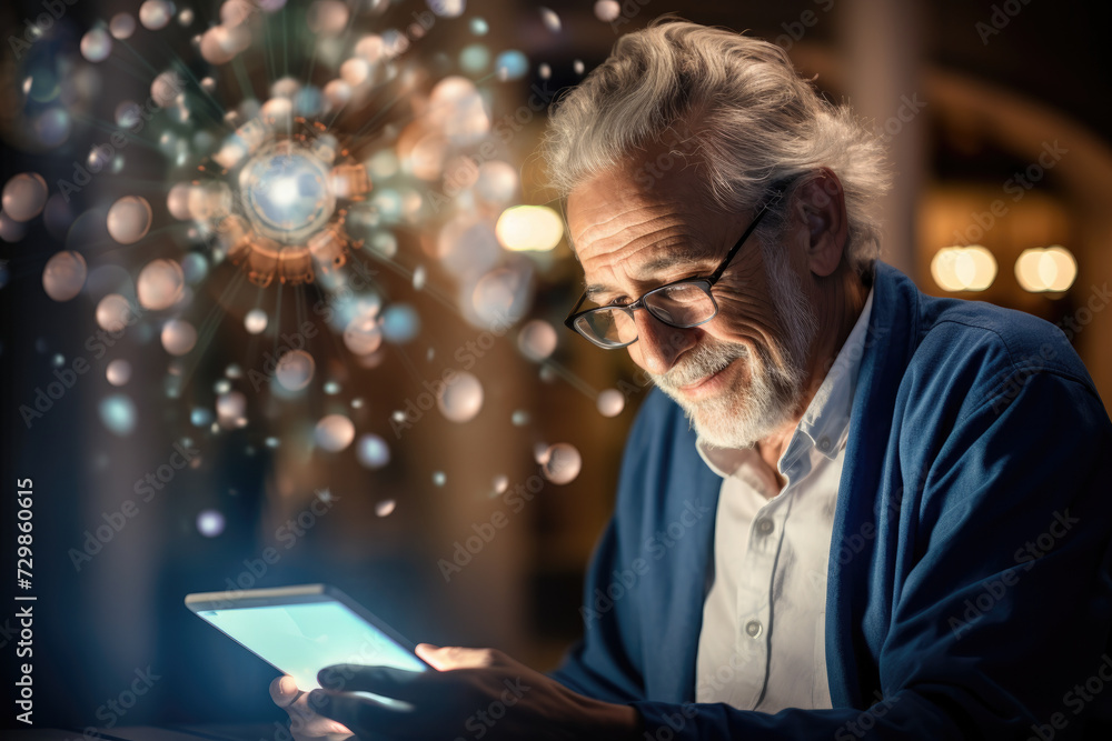 Canvas Prints Elderly man learning to use a tablet computer, symbolizing the adaptation to modern technology. Concept of lifelong learning and tech adoption. Generative Ai.