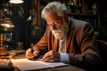 Senior man writing his memoirs, illustrating the process of reflecting on and sharing life experiences. Concept of storytelling and legacy in later life. Generative Ai. - obrazy, fototapety, plakaty