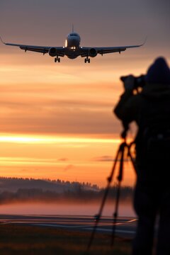 Photographer taking pictures of plane landing scene