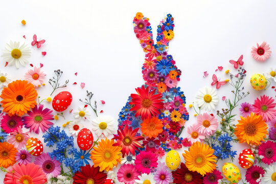 Easter bunny and easter eggs, floral silhouette