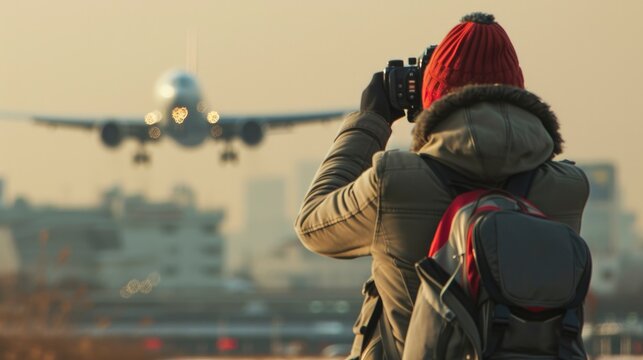 Photographer taking pictures of plane landing scene