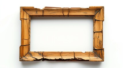 Vintage wood picture frame with cracks on a white background. Classic antique wooden picture frame with carved pattern