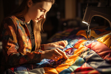 Individual sewing a patchwork quilt, combining various fabric pieces. Concept of traditional crafting and personalized home decor. Generative Ai.