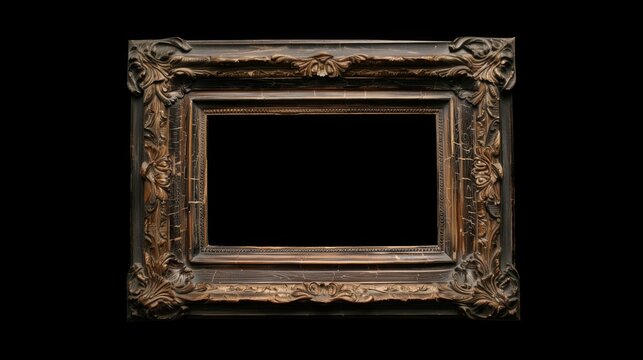 Vintage wood picture frame with cracks on a black background. Classic antique wooden picture frame with carved pattern