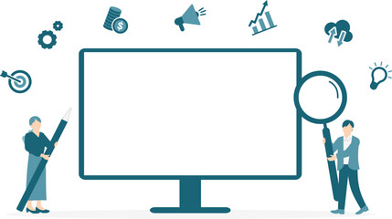 デスクトップパソコンを使って説明をするビジネスパーソンのイメージイラスト