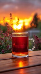 Sip of Sunset A Glass of Red Tea on a Wooden Table Generative AI