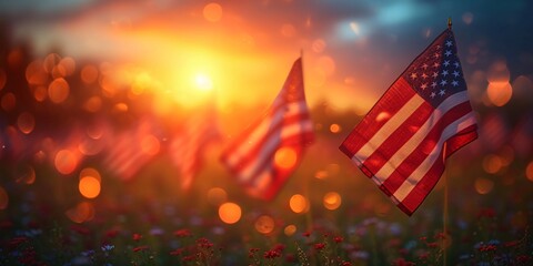 Red, White, and Blurry A Sunset of American Flags Generative AI