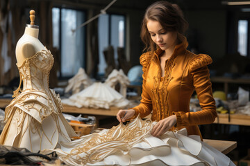 Designing and sewing a costume, bringing imaginative ideas to life. Concept of costume design and creative sewing. Generative Ai.