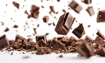 chocolate chunks float in the air in white background.