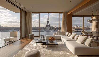 Eiffel Tower View from Modern Living Room Generative AI