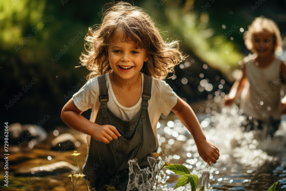 Sticker children playing in a creek, discovering the joy of simple natural wonders. concept of childhood exp