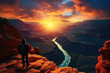 A photographer capturing the sunrise over a canyon, showcasing the majesty of the landscape. Concept of nature photography and early morning tranquility. Generative Ai.