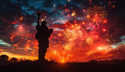 Celebrate the New Year with a BANG!, Ring in the New Year with a Statue of Liberty Fireworks Show, Liberty Enlightening the World with Fireworks, Generative AI - obrazy, fototapety, plakaty