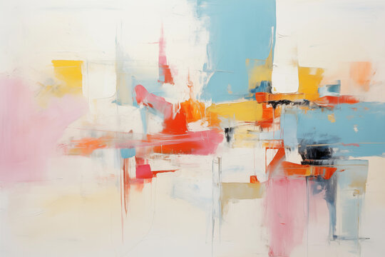 abstract art painting with brush strokes and shapes in muted pastel on white