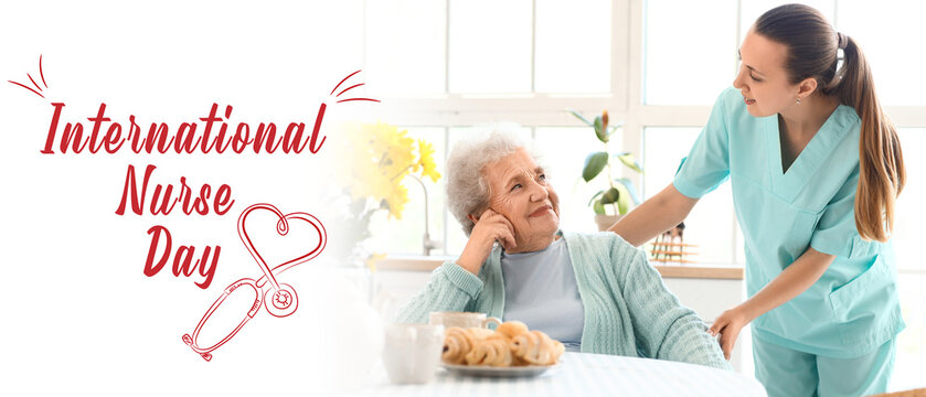 Senior woman with female caregiver in kitchen. Banner for International Nurse Day