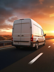 Transport van on the road delivering goods against sunset blue sky background. Commercial van is delivering cargo to countryside