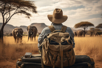 A traveler on a safari, observing wildlife in their natural habitat, embracing the thrill of the wild. Concept of wildlife encounters and natural respect. Generative Ai.