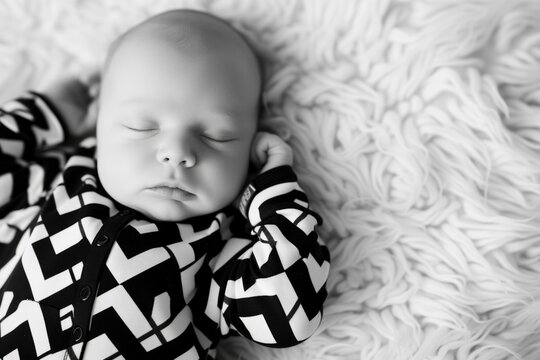 newborn in a contrasting black and white geometric onesie