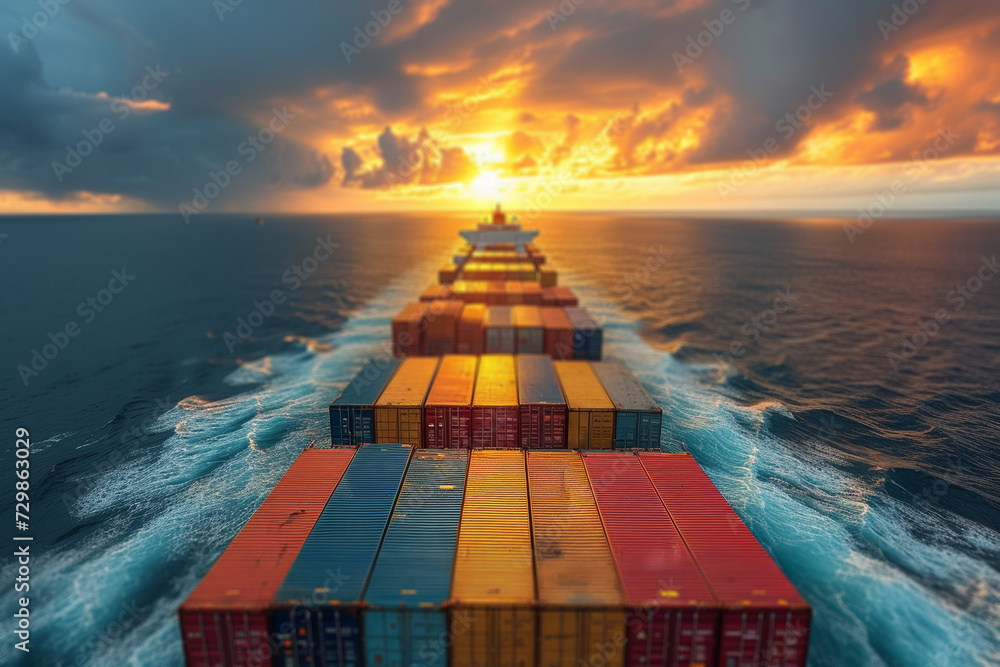 Poster a cargo ship loaded with containers from various countries, navigating the open seas as part of a gl