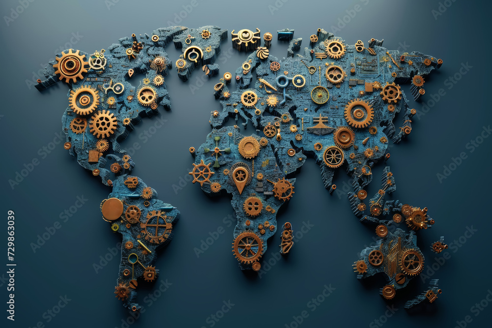 Poster a world map made up of interconnected gears, representing the intricate mechanisms of global trade a
