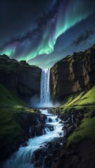 Fototapeta na wymiar waterfall at night with starry sky and aurora borealis