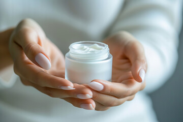 Woman hands holding cosmetic jar of face or body cream close up. Moisturizing and nourishing, beauty cosmetic product industry, skin care concept
