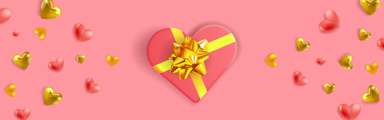 Festive background. Heart shaped gift box with golden bows and small 3D golden and pink hearts - 729863093
