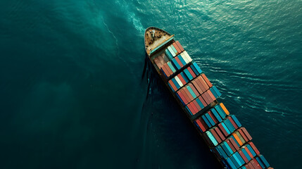 Aerial view of cargo container ship, cargo vessel ship carrying container and running for import export concept technology freight shipping sea freight by Express Ship - obrazy, fototapety, plakaty