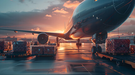 Air cargo logistic containers are loading to an airplane. Air transport prepares for loading cargo on planes, Ground handling preparing freight airplane before flight.