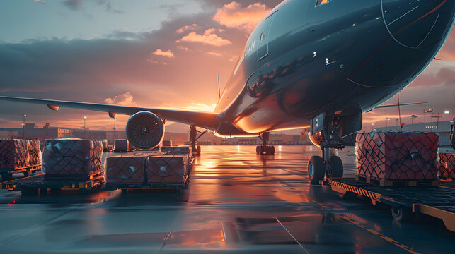 Air cargo logistic containers are loading to an airplane. Air transport prepares for loading cargo on planes, Ground handling preparing freight airplane before flight.