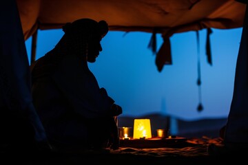 bedouin silhouetted inside a candlelit tent at night
