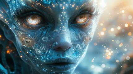 Alien Entity with Skin Crafted from Energy in White and Blue Hues, Sacred Geometry, Glowing Eyes, and a Luminous Background. - obrazy, fototapety, plakaty