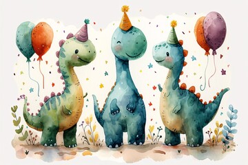 Happy Birthday Dinosaurs A Colorful Celebration of Dinosaur Birthdays Generative AI - obrazy, fototapety, plakaty