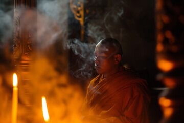 monk in candlelit room with incense smoke